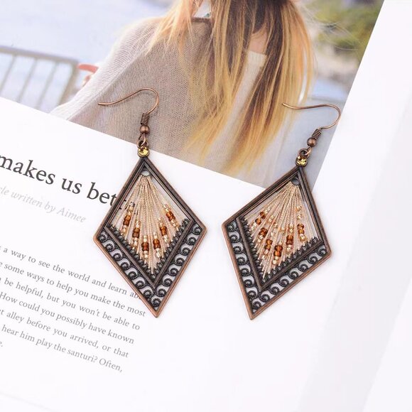 Diamond Shaped Brown Gold Boho Dangle Statement Vintage Dainty Earring for Women - Picture 8 of 9